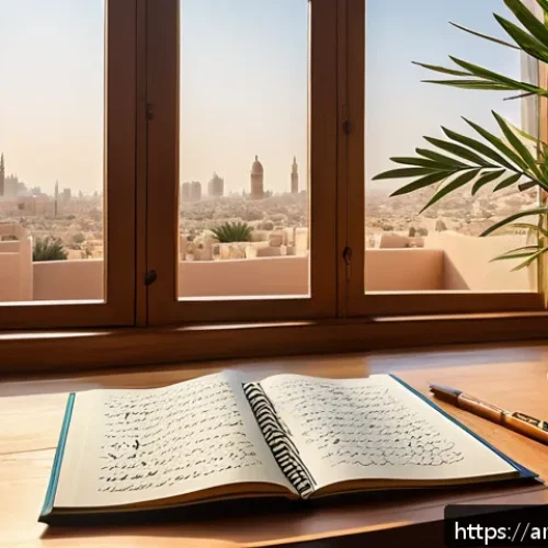 수렴적 사고의 성과 측정 방법 - A serene and organized modern Arabic study room bathed in warm natural light, featuring a wooden des...
