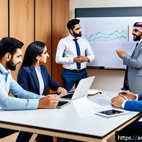 수렴적 사고의 다양한 적용 사례 탐구 - A modern Arabic office meeting scene with diverse Middle Eastern professionals collaborating around ...