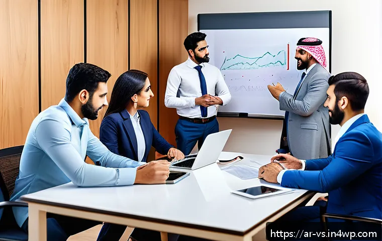 수렴적 사고의 다양한 적용 사례 탐구 - A modern Arabic office meeting scene with diverse Middle Eastern professionals collaborating around ...