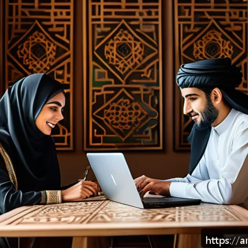 수렴적 사고의 적용을 위한 실용 지침 - A modern Arabic professional workspace scene featuring a young Middle Eastern man and woman collabor...